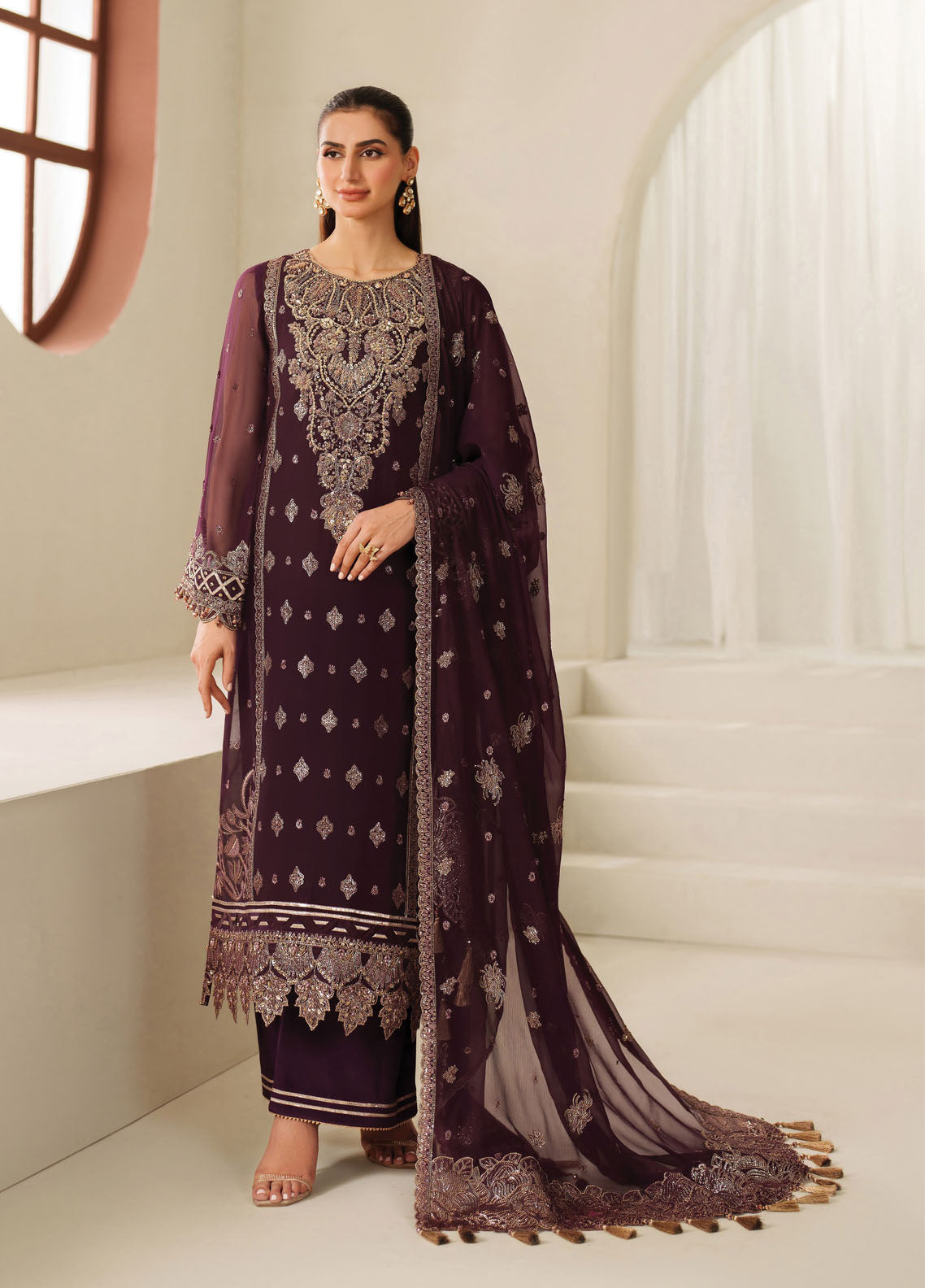 Reena By Alizeh Embroidered Chiffon 3 Piece Unstitched Suit AF25RV5 D-4053 TEHWAR
