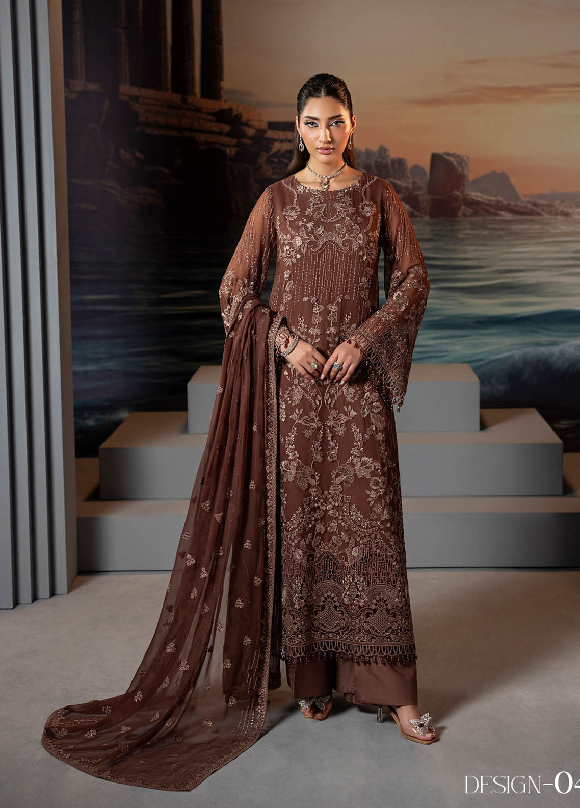 Riwayat Lamisah By Lavish Premium Embroidered Chiffon Suits Unstitched 3 Piece LP25RLC D-03 CARAMEL LUXE