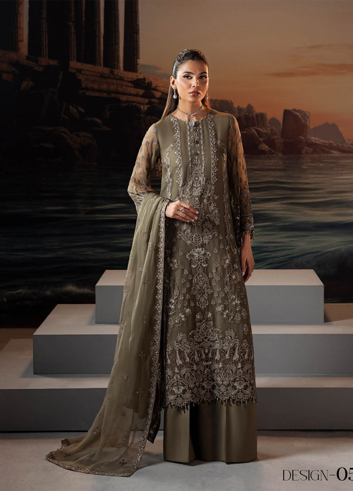Riwayat Lamisah By Lavish Premium Embroidered Chiffon Suits Unstitched 3 Piece LP25RLC D-07 SAGE GREEN