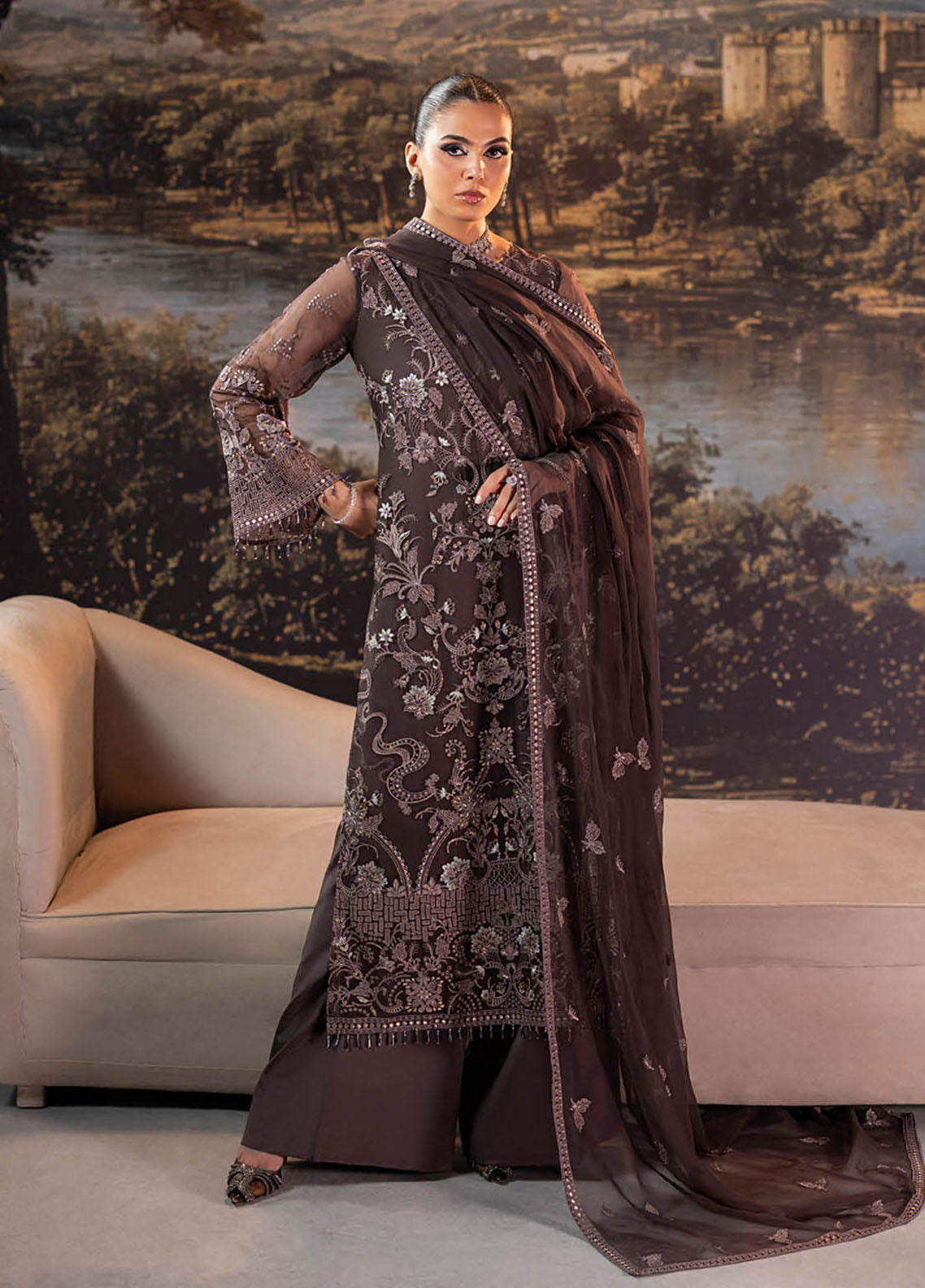 Riwayat Lamisah By Lavish Premium Embroidered Chiffon Suits Unstitched 3 Piece LP25RLC D-09 CINNAMON