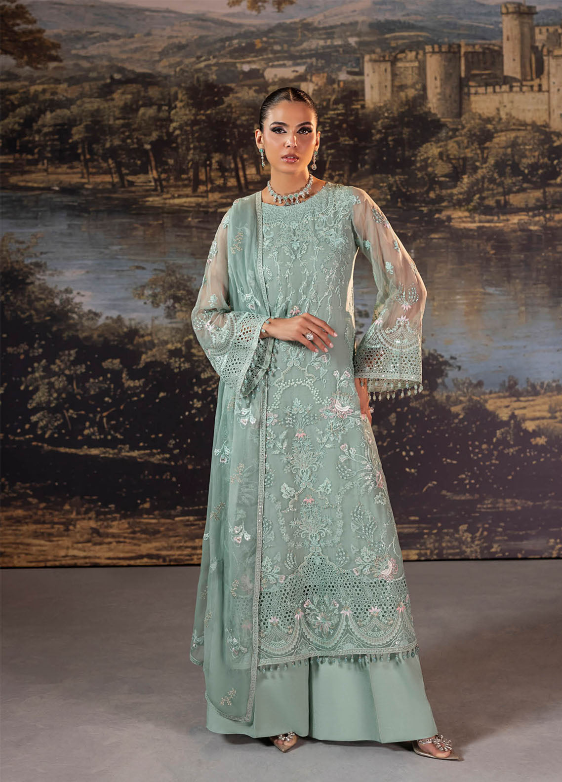 Riwayat Lamisah By Lavish Premium Embroidered Chiffon Suits Unstitched 3 Piece LP25RLC D-10 MINT GREEN