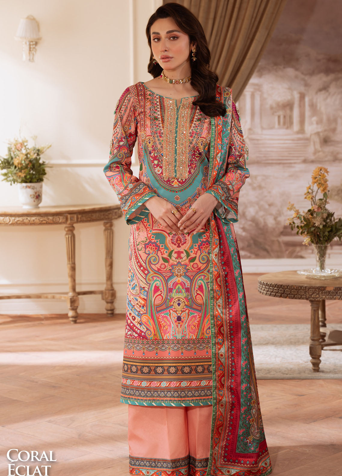 Veloure By Gulaal Embroidered Silk 3 Piece Unstitched Suit GL25VPS D-08 CORAL ÉCLAT