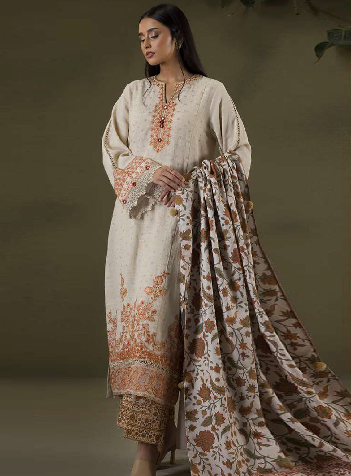 Zellbury Winter Shawl Embroidered Khaddar 3 Piece Unstitched Suit WUW25E30235