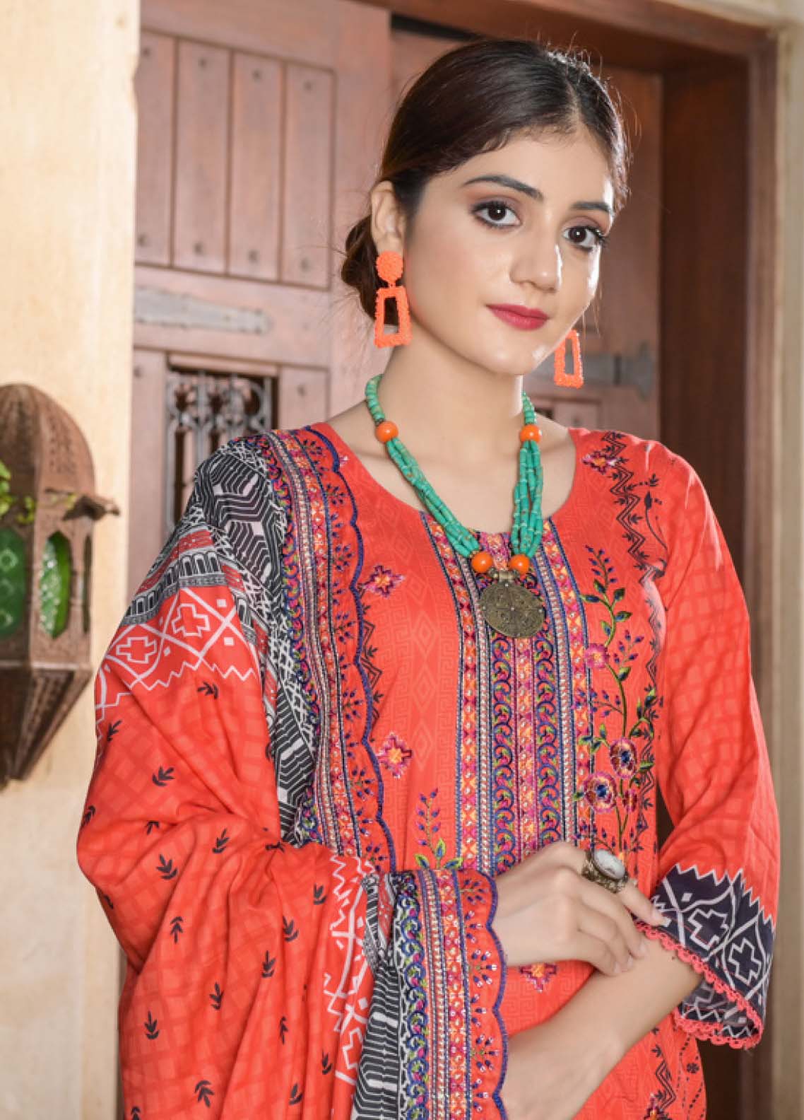 D#01 Ruqayyah Yuneik Digital Emb Cotton Collection 1022 Coral
