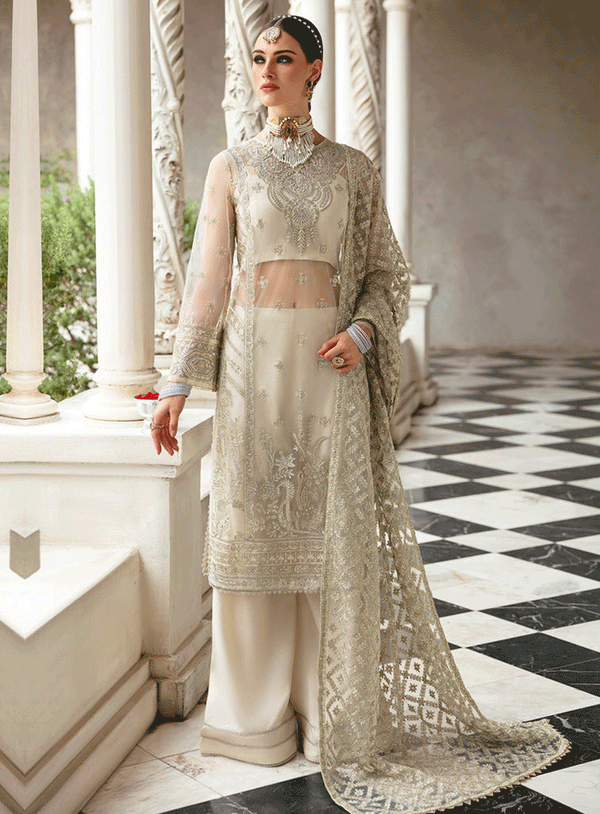 Ayzel By Afrozeh Embroidered Net Unstitched 3 Piece Suit - ABA23TC 7 OMNI WHITE