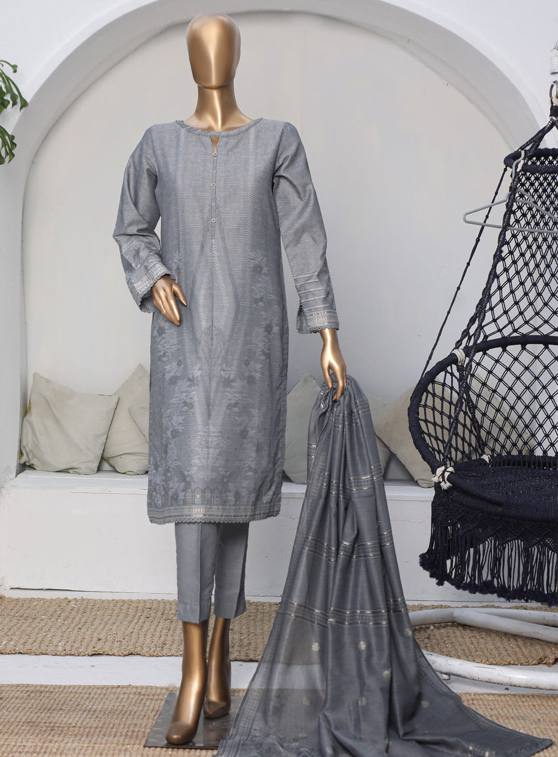 HZ Textiles Valencia Printed Jacquard Unstitched 3 Piece Suit - VJ 07
