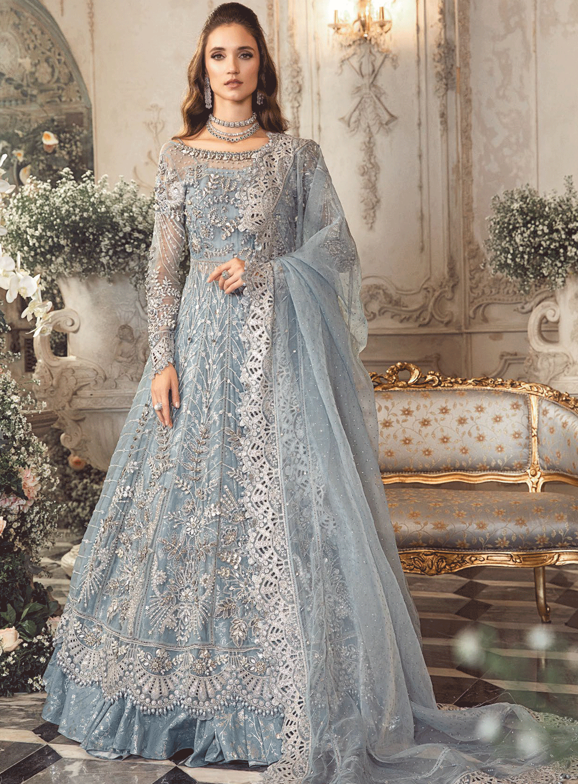 MBroidered By Maria B Embroidered Organza Unstitched 4 Piece Suit - MB23W BD-2702 ICE BLUE