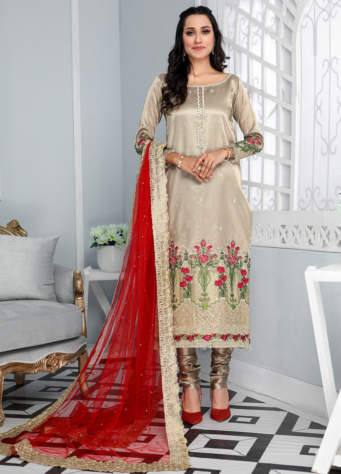 Manifesto Premium By Laveen Hand Embellished & Embroidered Kota Zari Unstitched 3 Piece Suit - LV24PM LCP-012-22 NATURAL