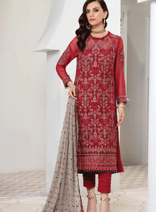 Pareesia by Zarif Embroidered Chiffon Unstitched 3 Piece Suit - ZP-06 CRIMSON