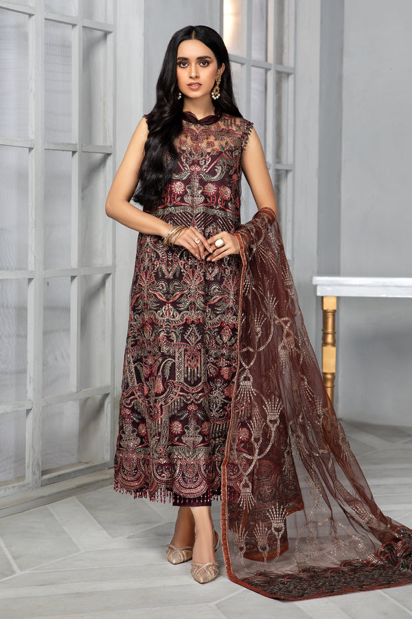 Bahaar by Zarif Embroidered Net Unstitched 3 Piece Suit - ZB 06 MOCHA
